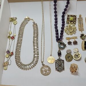 Gold Tone Multi-Pendant Necklace Jewelry Lot with Purple Beaded Accent